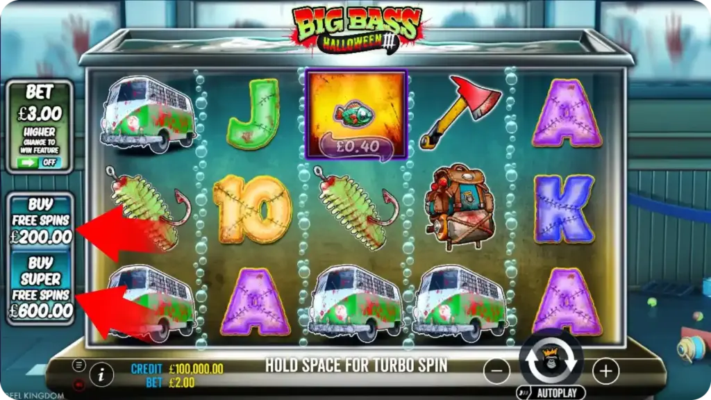 Buy feature buttons highlighted for Free Spins and Super Free Spins purchase