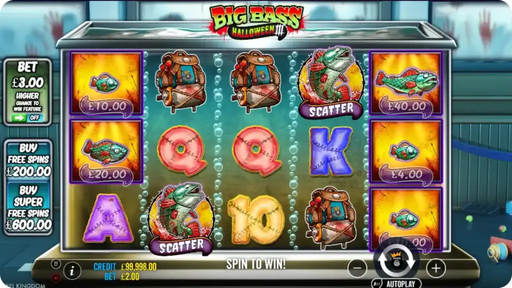 Halloween bonus screen with glowing pumpkins and highlighted fish symbols on dark reels