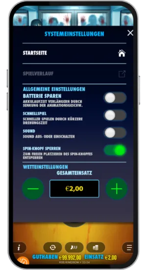 Einstellungsmenü mit Spieloptionen