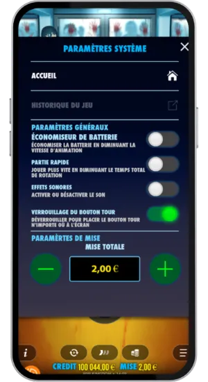 Menu des paramètres avec options de jeu